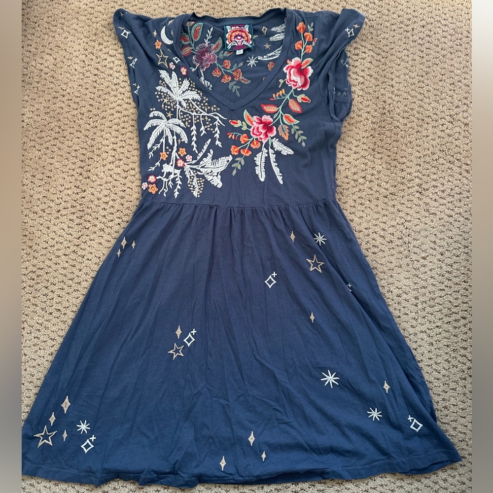 Johnny Was Blue Tiered Sundress with Flutter Sleeves